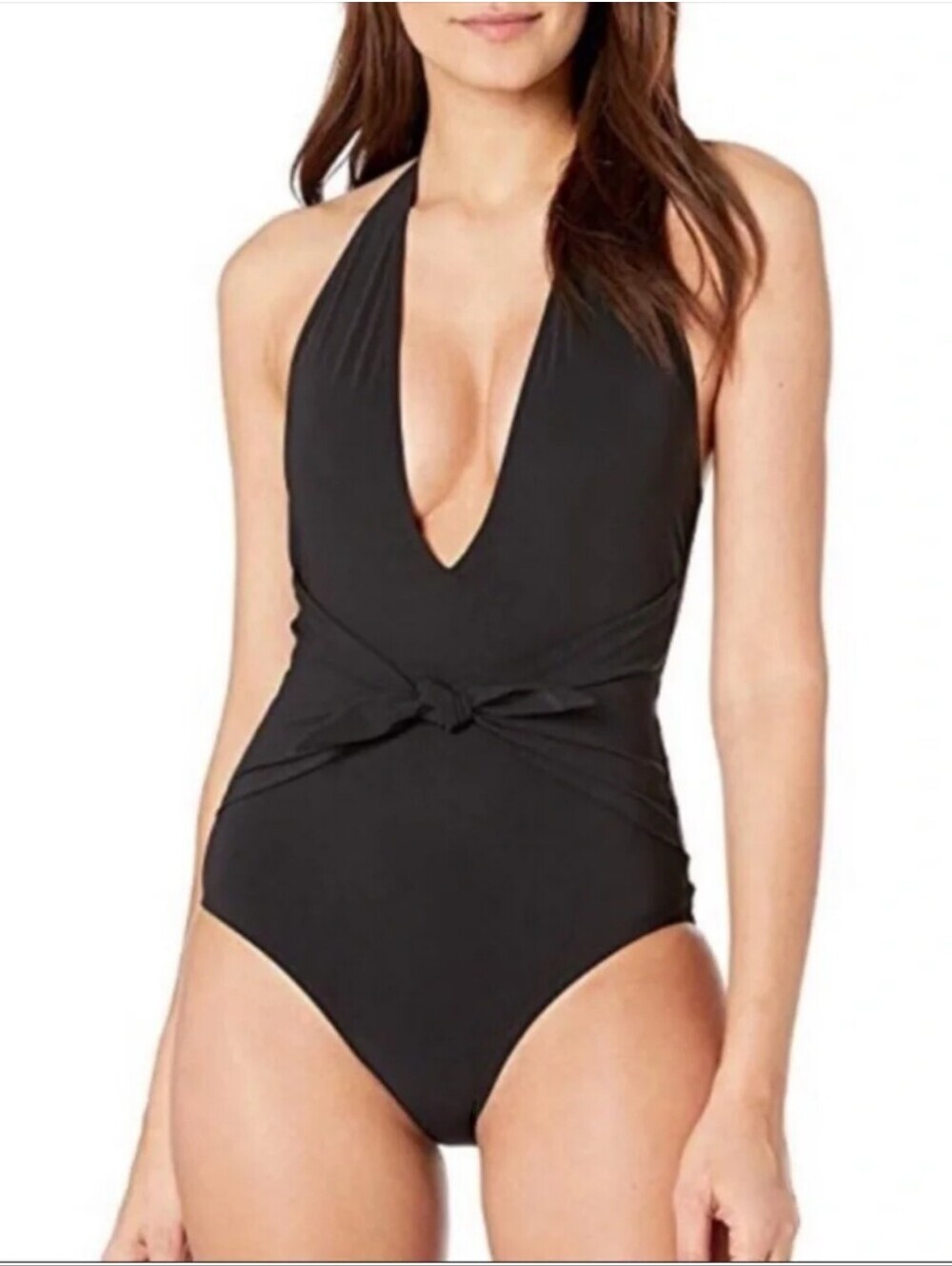 Tory Burch Solid Black Front Tie Halter One-Piece Plunge Swimsuit